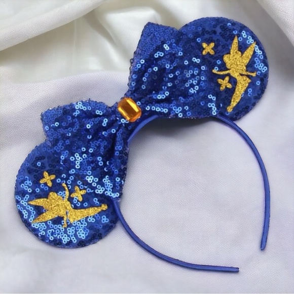 New Tinkerbell Headband w/ Blue Sequin Bow & Gold Gemstone - Disney Inspired! - Picture 2 of 6